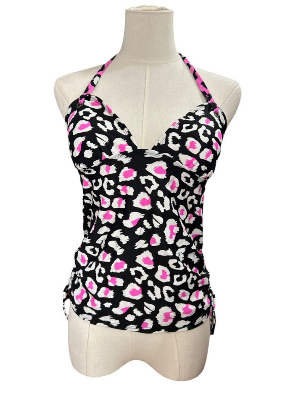 Salt + Cove women's Tankini Swimsuit Top shirred side halter M black pink